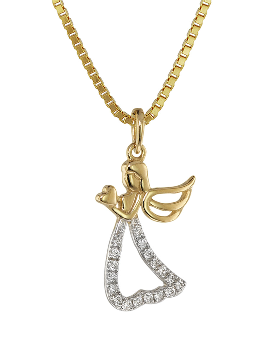 75458 Engel-Anhänger mit 19 Diamanten Gold 585 mit vergoldeter Kette