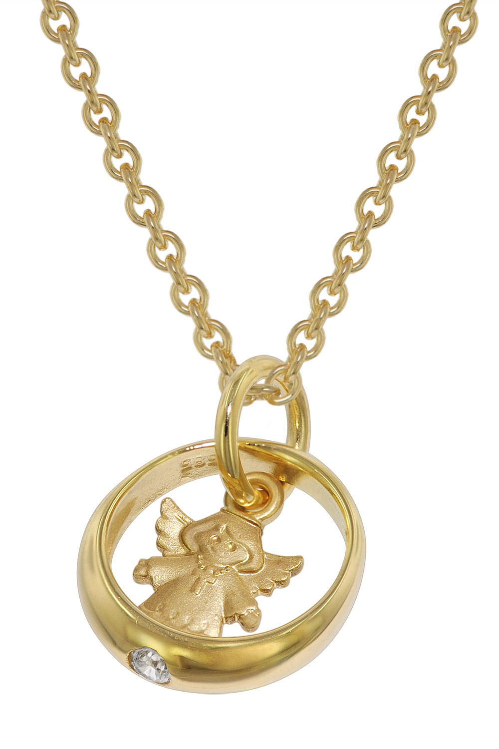 39466 Taufring mit Herzengel Gold 585/14 Kt + plattierte Silberkette