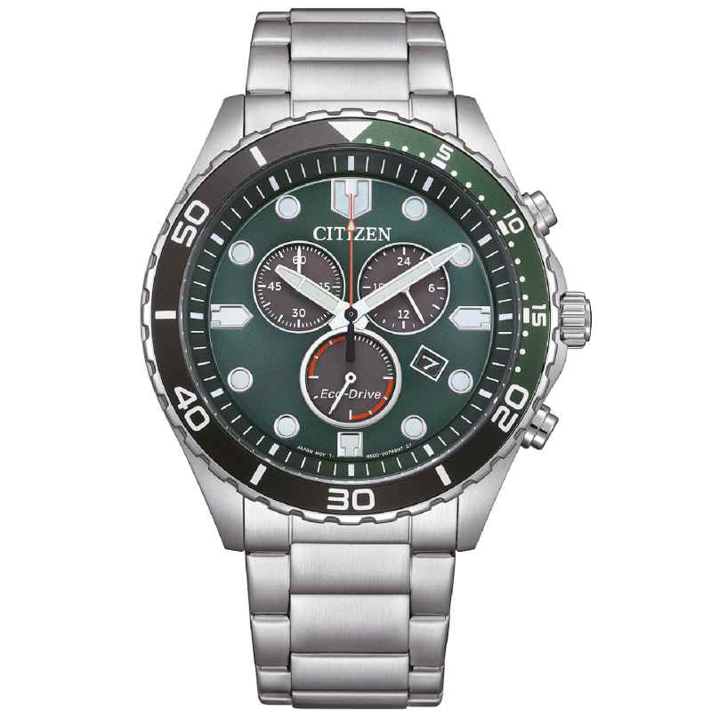 Citizen AT2561-81X Eco-Drive Men's Watch Chronograph Steel/Green 4974374339591