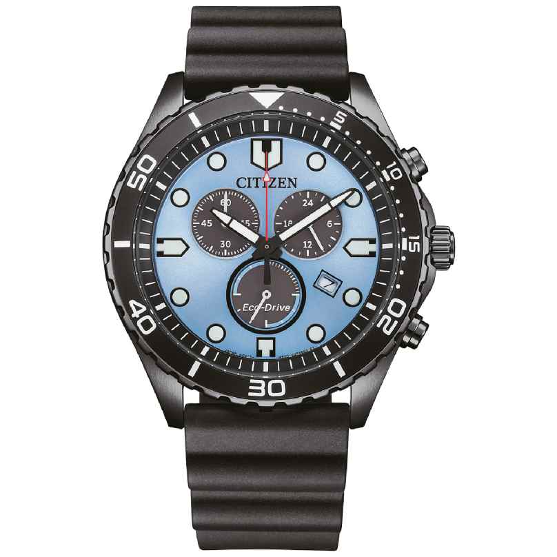 Citizen AT2567-18L Eco-Drive Solar Men's Watch Chronograph Black/Light Blue 4974374339614