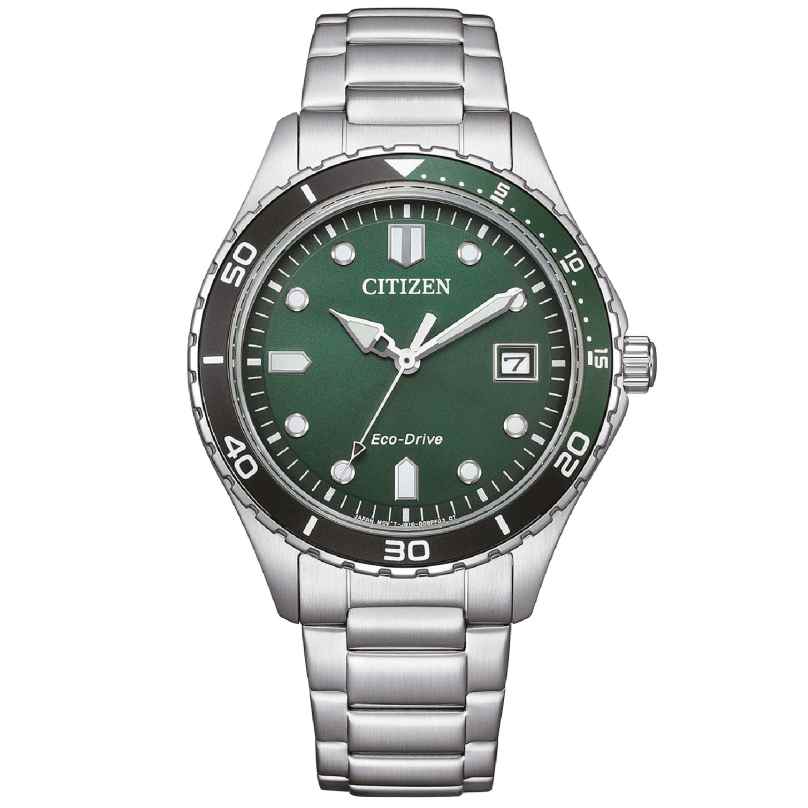 Citizen AW1828-80X Eco-Drive Solar Watch in Unisex Size Steel/Green 4974374339829