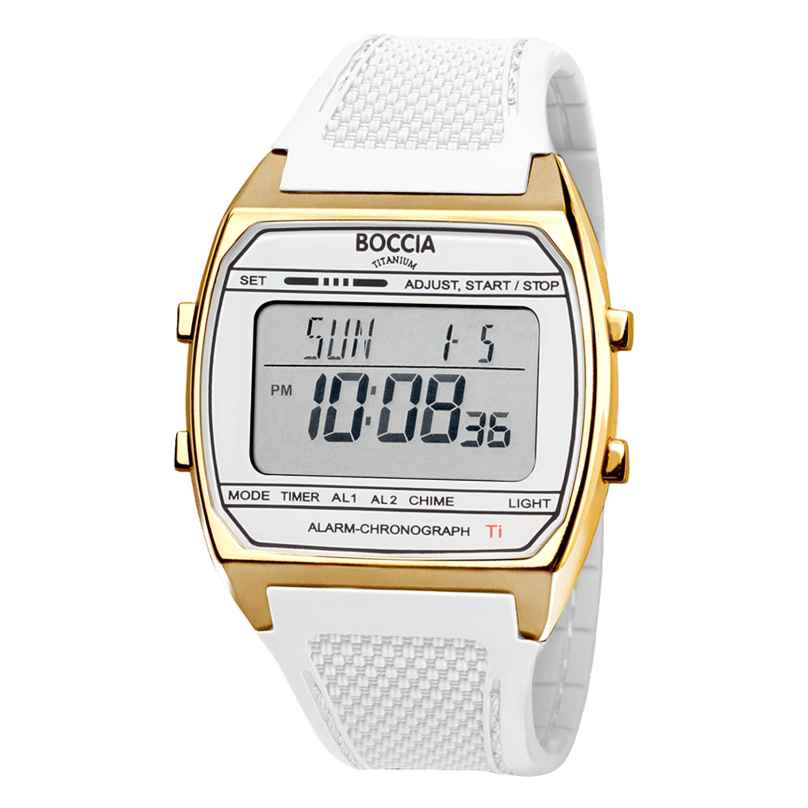 Boccia 3738-04 Uhr in Unisexgröße Digital Titan Weiß/Goldfarben 4040066288826