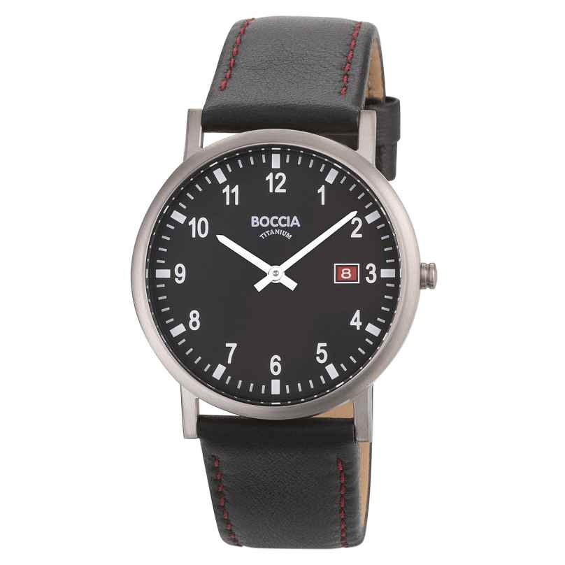 Boccia 3662-03 Men's Watch Titanium with Leather Strap Black/Red 4040066280080