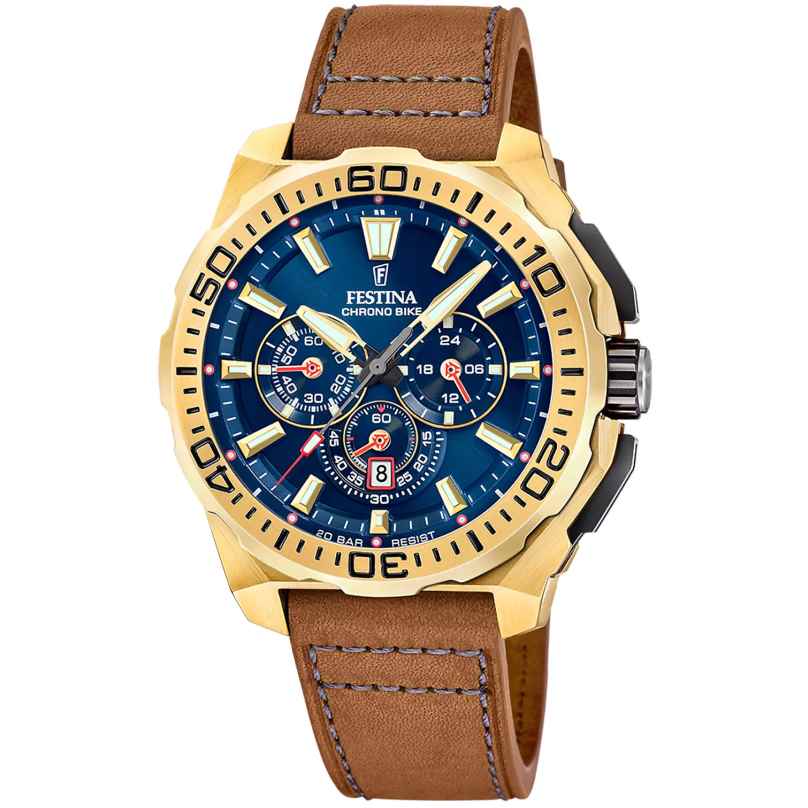 Festina F20728/1 Herren-Chronograph mit Lederband Goldfarben/Blau 8430622845871