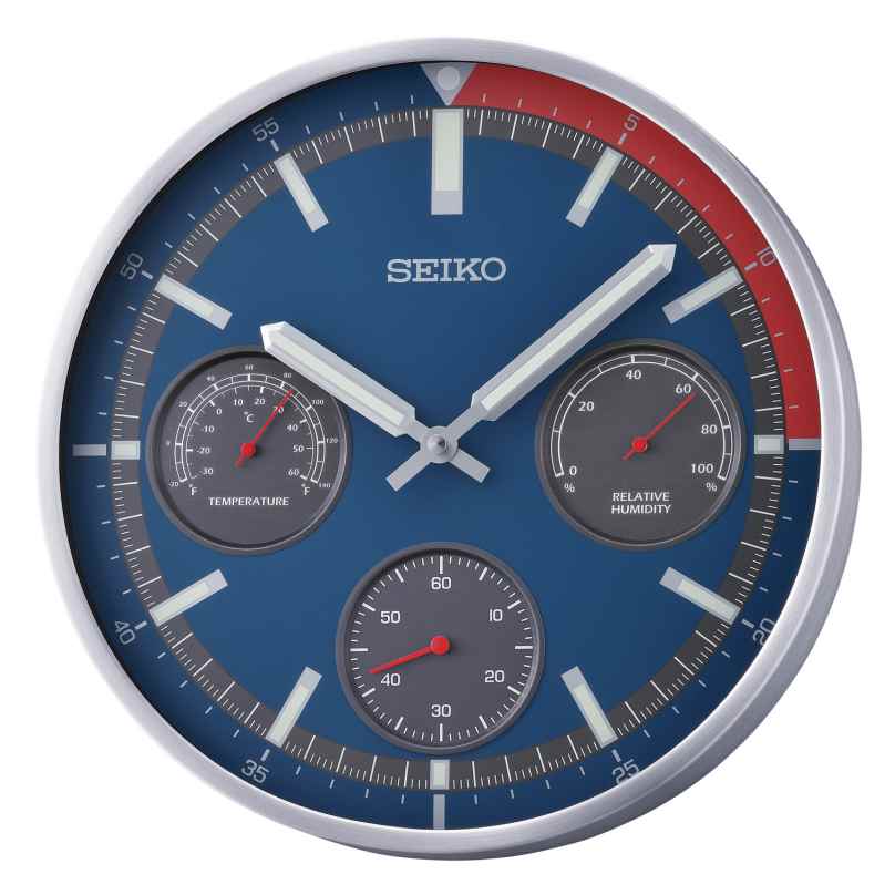 Seiko QXA822S Wall Clock Thermometer Hygrometer Blue/Red 4517228839245