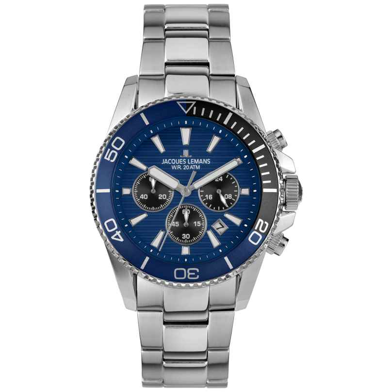 Jacques Lemans 1-2206H Men's Watch for Divers Chronograph Steel/Blue 4040662184560