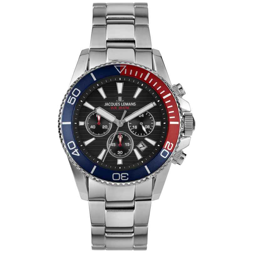 Jacques Lemans 1-2206J Men's Watch for Divers Chronograph Steel/Black 4040662184584