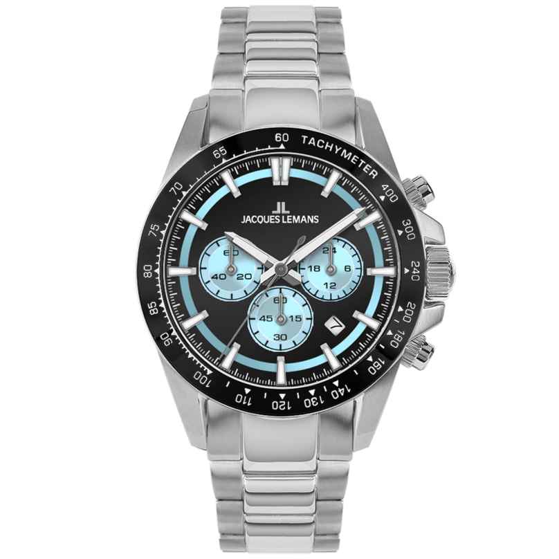 Jacques Lemans 1-2207B Men's Watch Chronograph Black/Ice Blue 4040662186397