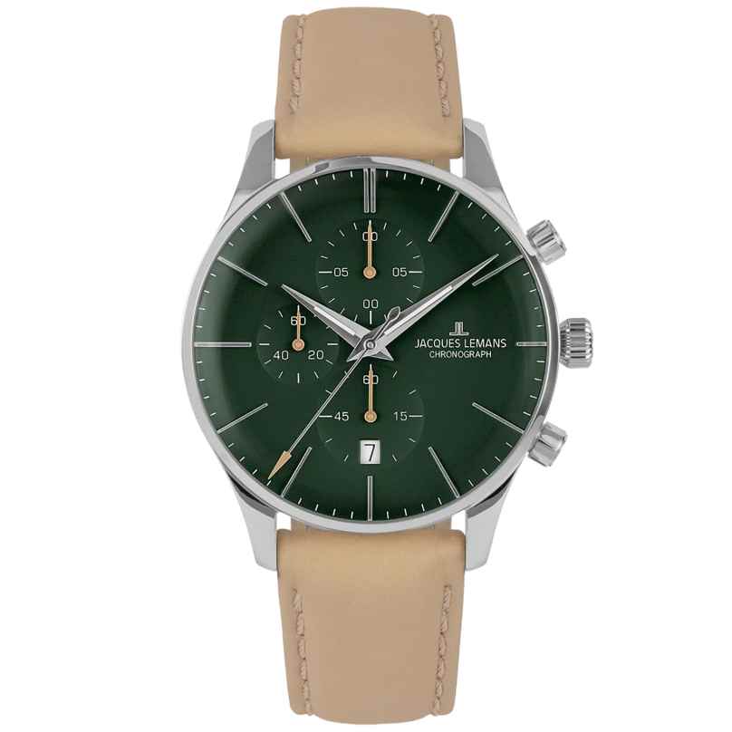 Jacques Lemans 1-2163D Men's Watch Chronograph London Beige/Green 4040662179085