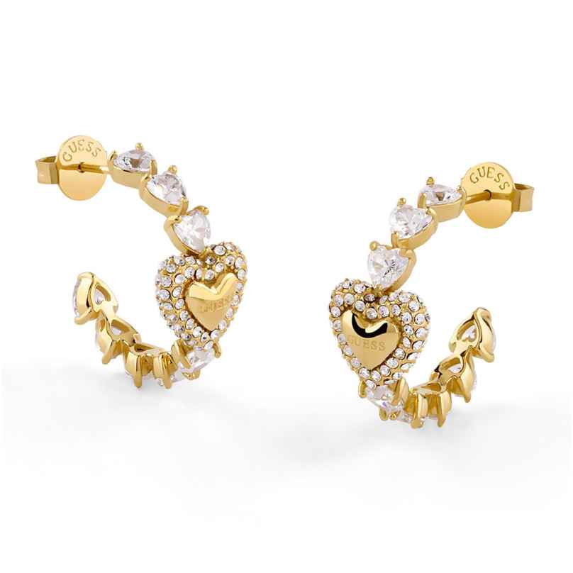 Guess JUBE06004JWYGT/U Women's Hoop Earrings Pavé Heart Crystals Gold Tone 7625826399171
