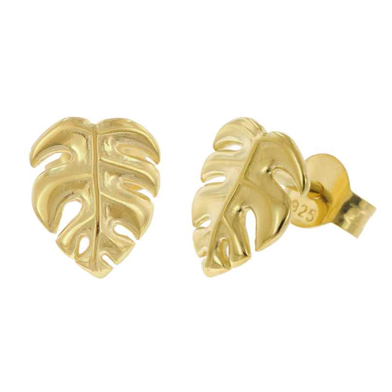 trendor 15944 Women's Stud Earrings Monstera Leaf Gold Plated 925 Silver 4262408159445
