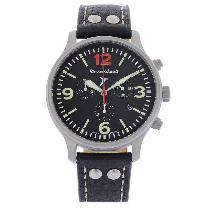 Messerschmitt ME-3H205R12-L Herren-Fliegeruhr Chronograph Lederband Schwarz 4262436841084