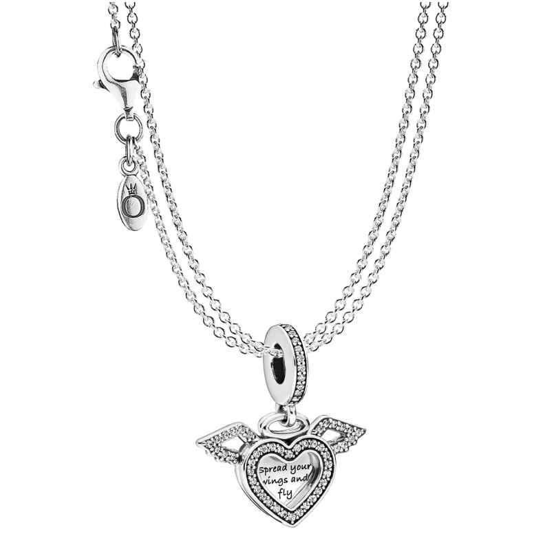 Pandora 75614 Heart Pendant with Angel's Wing & 2-Row Necklace Silver 925 4260641756148