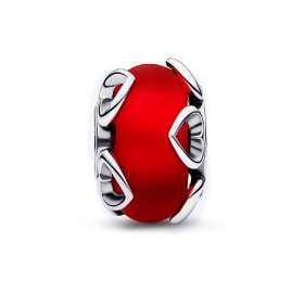 Pandora 792497C01 Silver Charm Frosted Red Murano Glass & Hearts