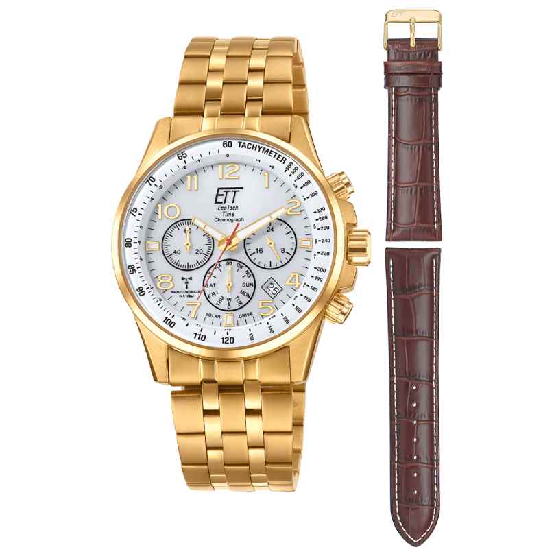 ETT Eco Tech Time EGS-11614-42M Men's Radio-Controlled Solar Watch 2 Straps Gold Tone 4260736032836