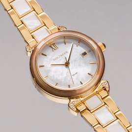 Holzkern Damen-Solaruhr Sunglister Weißes Perlmutt/Goldfarben