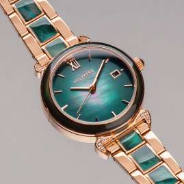 Holzkern Damen-Solaruhr Sunglister Grünes Perlmutt/Roségoldfarben