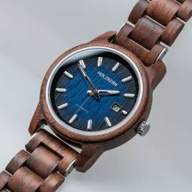 Holzkern Herren-Uhr Automatik Nightbird Walnuss/Blau
