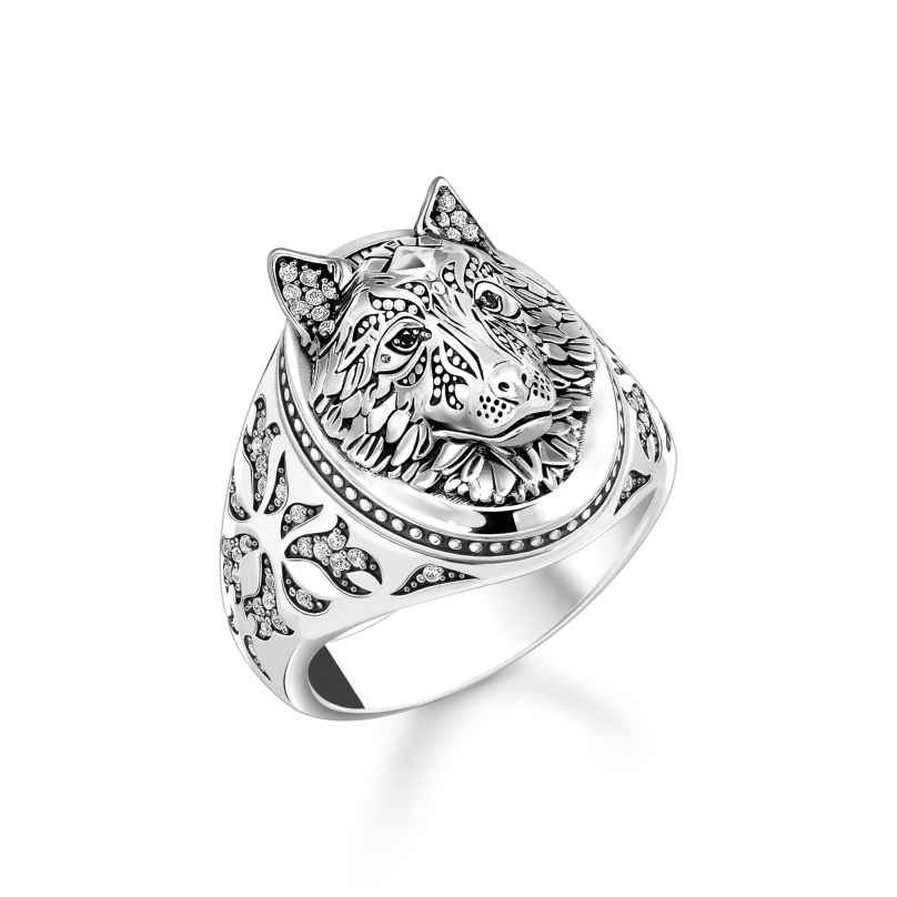 Thomas Sabo TR2452-643-21 Signet Ring Wolf's Face With Stones Silver