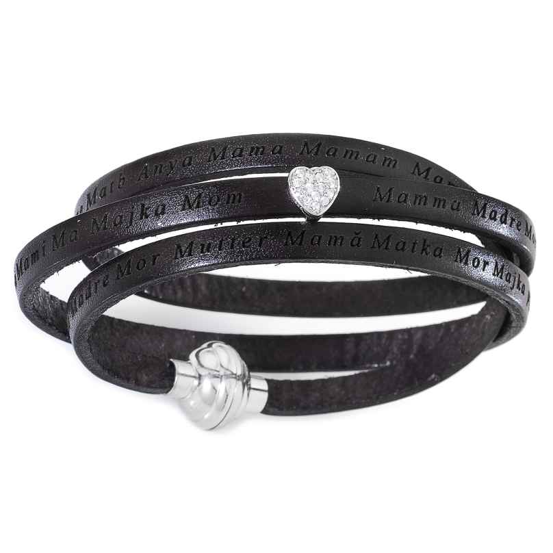 Amen ASMA02 Women's Wrap Bracelet Mom with Heart Black Leather