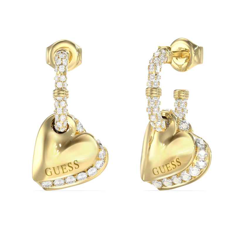 Guess JUBE06076JWYGT/U Women's Hoop Earrings Hearts Pave Gold Tone 7625826401737