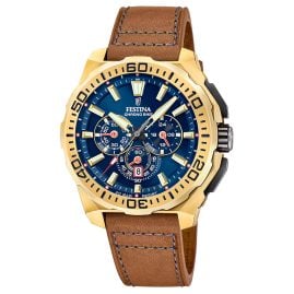 Festina F20728/1 Herren-Chronograph mit Lederband Goldfarben/Blau