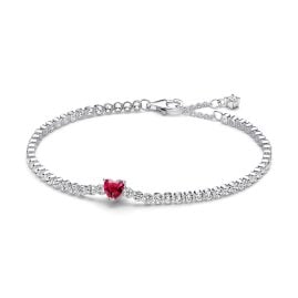 Pandora 590041C02 Women's Tennis Bracelet Red Sparkling Heart Silver