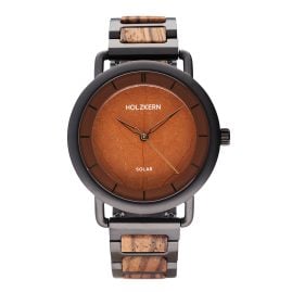 Holzkern Herren-Armbanduhr Solar Lauri Zebrano/Blatt Braun