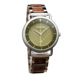 Holzkern Herrenuhr Solar Lauri Walnuss/Blatt Grün