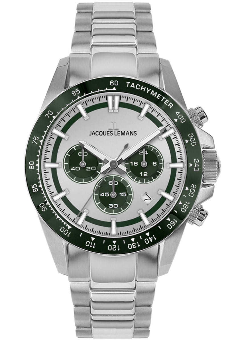 Jacques Lemans 1-2207E Herren-Uhr Chronograph Silberfarben/Grün