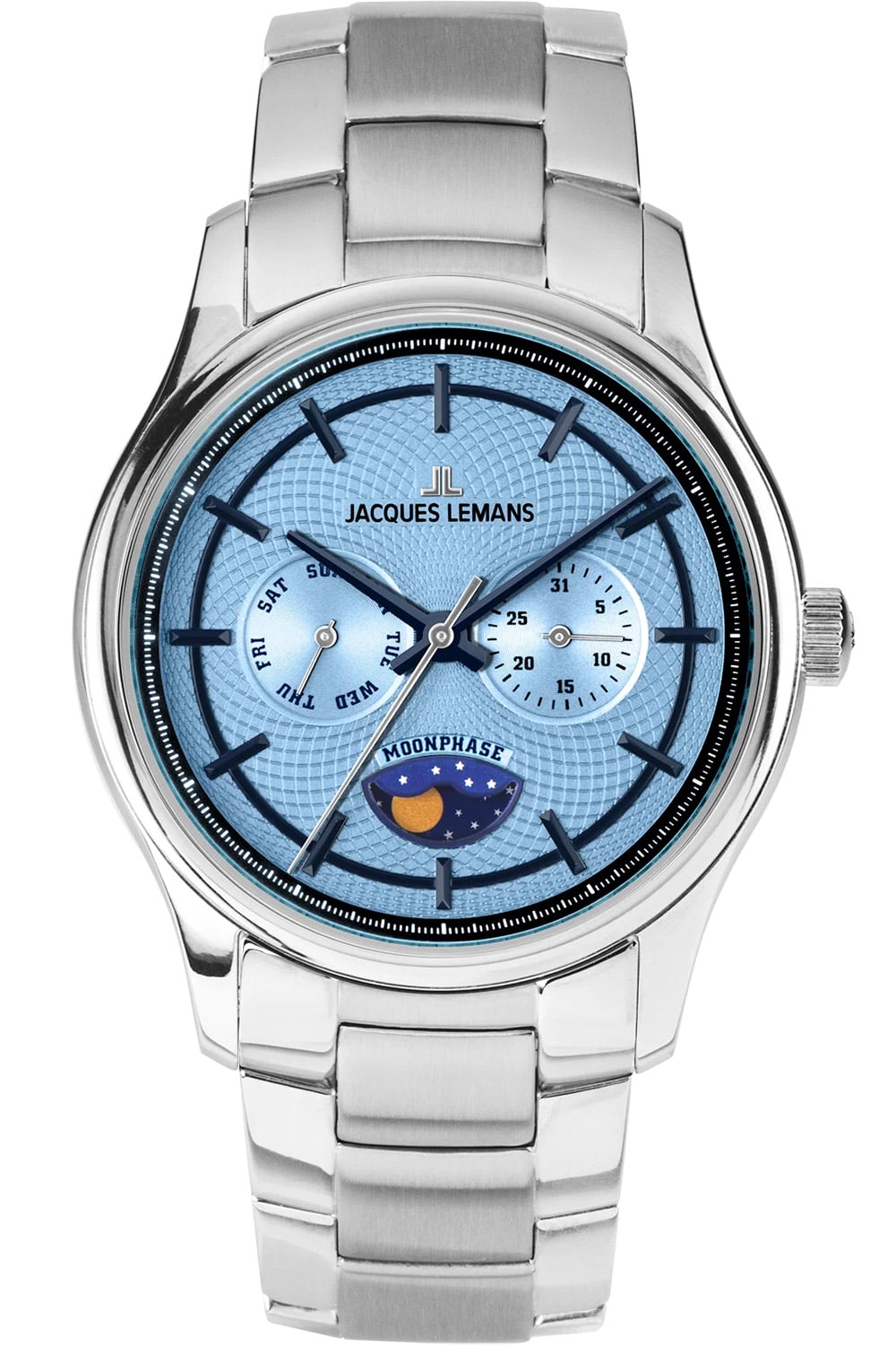Jacques Lemans 1-2213N Armbanduhr für Herren Derby mit Mondphase Stahl/Blau