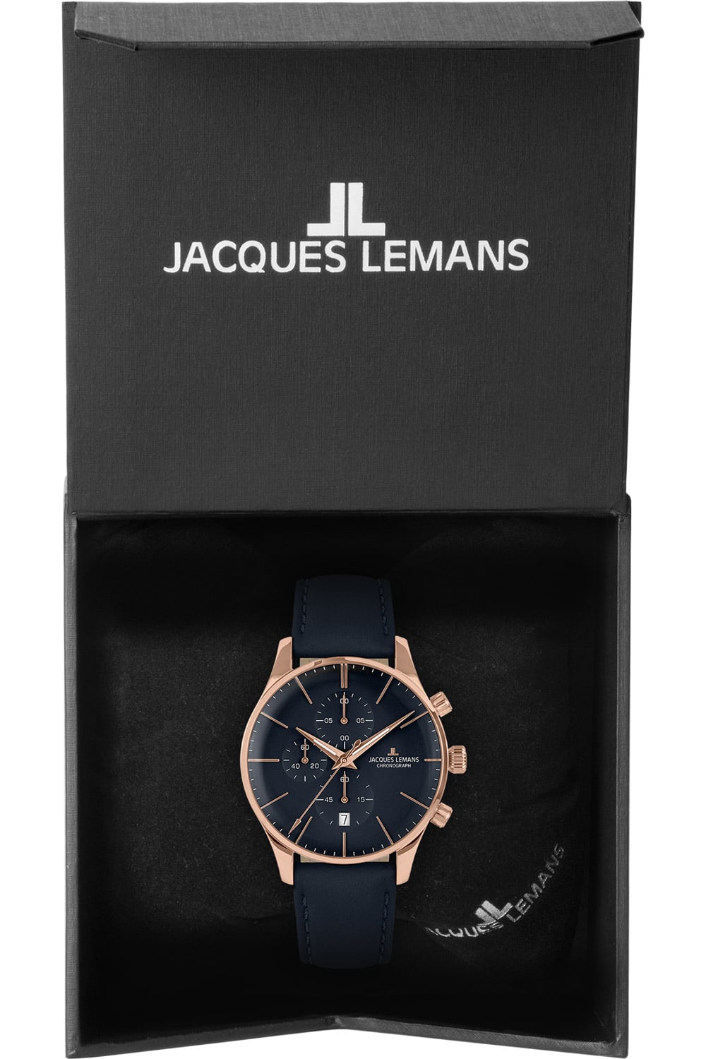 Jacques Lemans Herrenuhr Chronograph London Blau/Roségoldfarben 1 