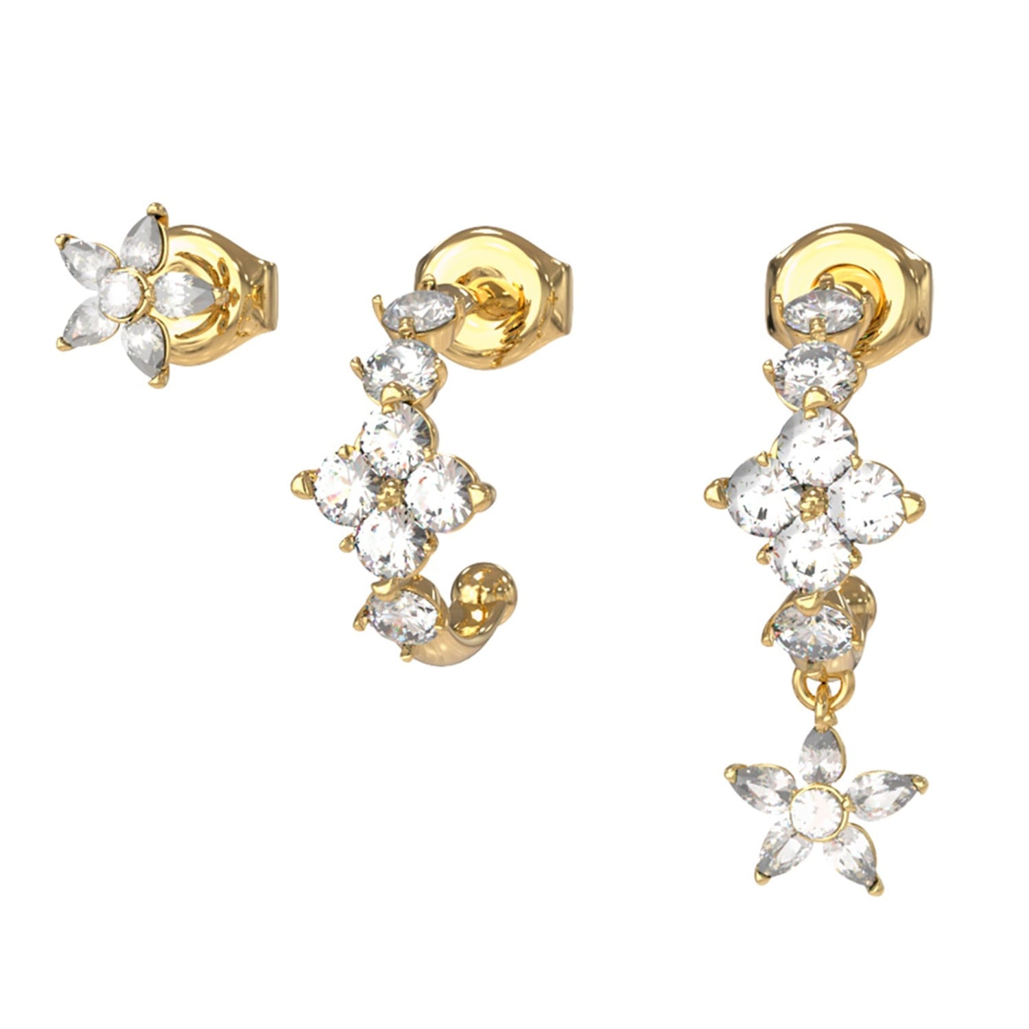 Guess JUBE06035JWYGT/U Damen-Ohrringe 3er-Set Creolen und Stecker Flowers
