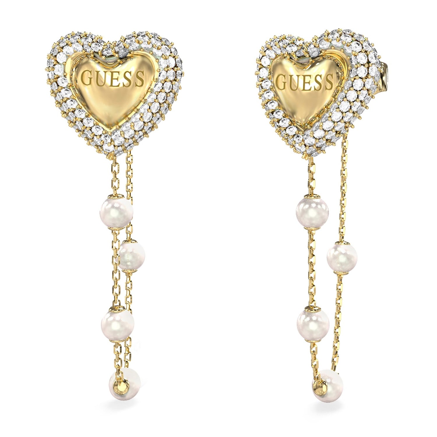 Guess JUBE06008JWYGT/U Damen-Ohrringe Herz Perlen-Kettchen Goldfarben