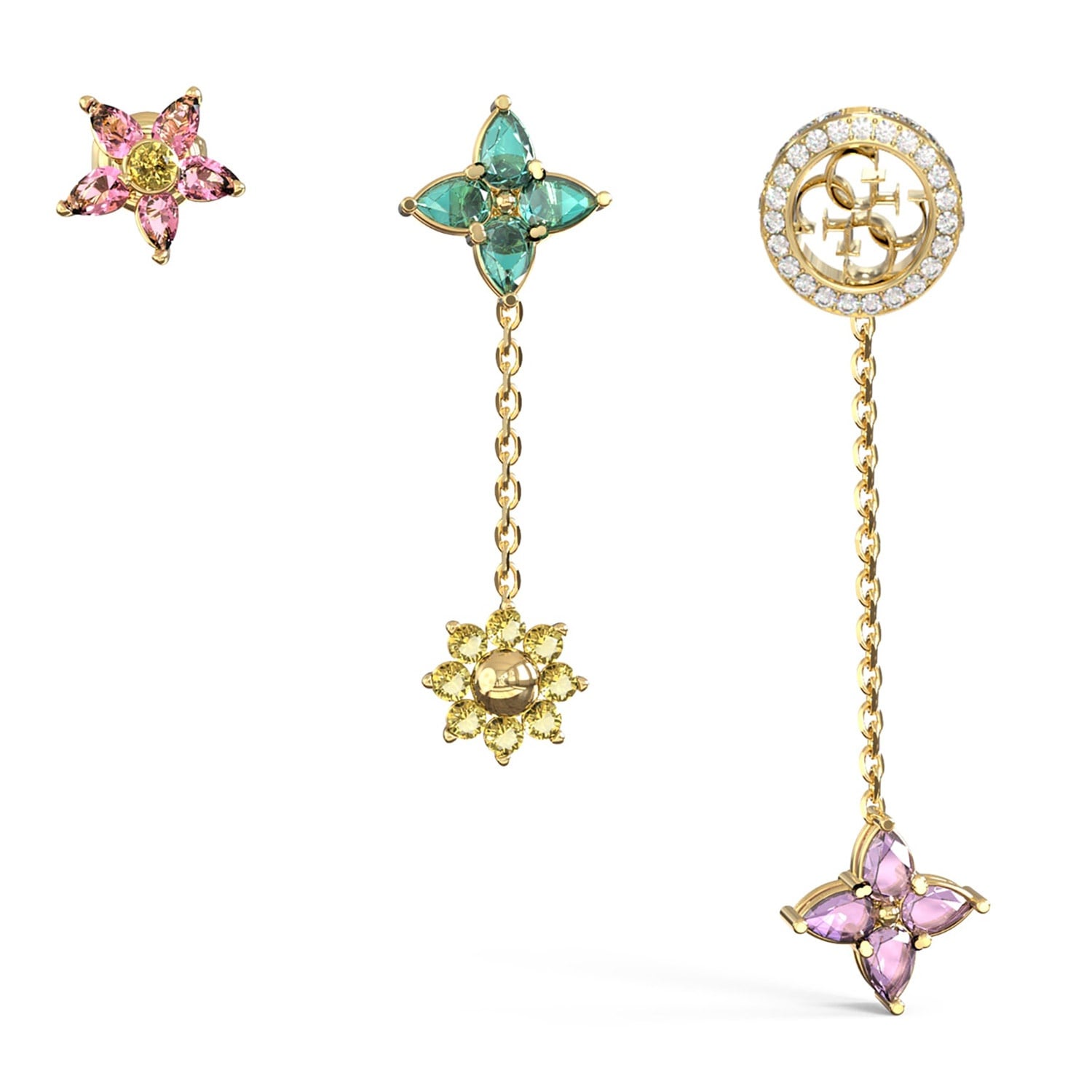 Guess JUBE06034JWYGMCT/U Damen-Ohrringe 3er-Set 4G Crystals Flowers Bunt
