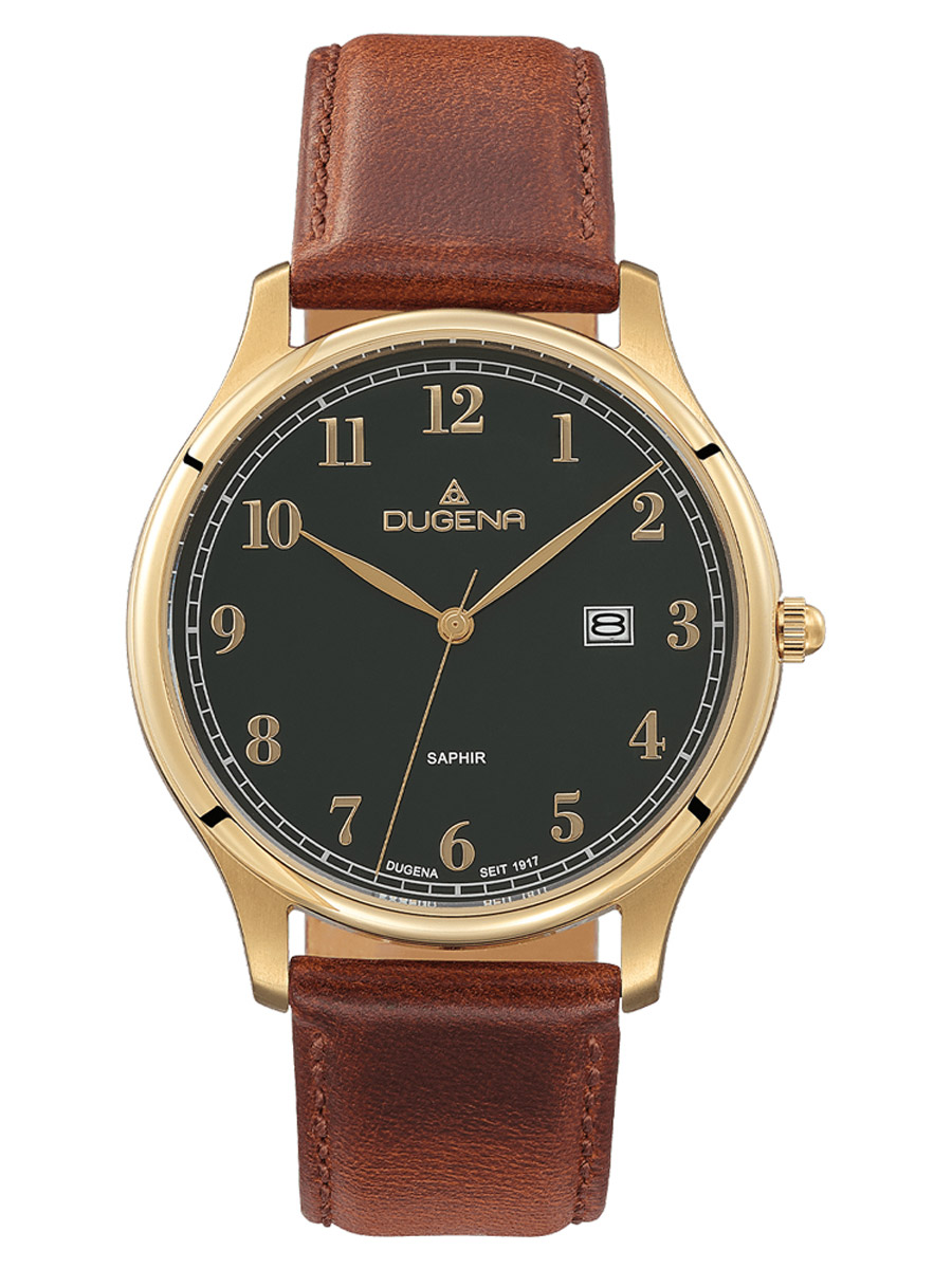 Dugena Men\'s Watch Hamburg Green/Gold Brown Leather Strap 4461113 •  uhrcenter