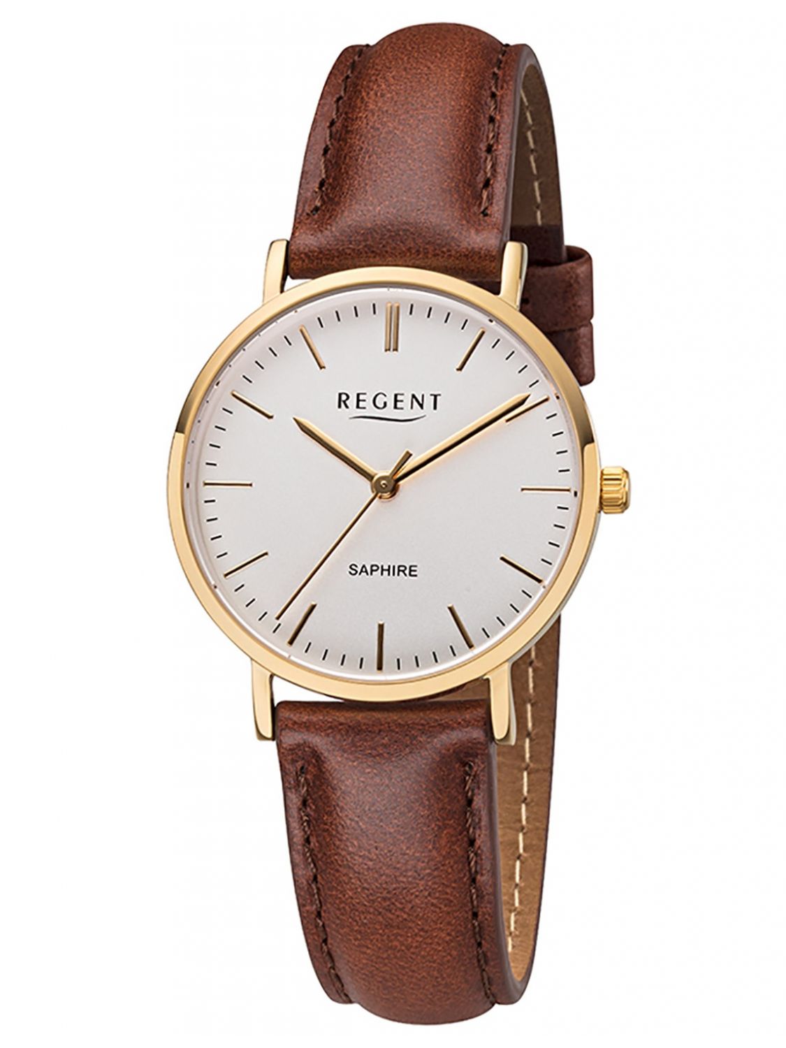 Regent Damen-Armbanduhr Goldfarben mit Lederband Braun F-1299 • uhrcenter