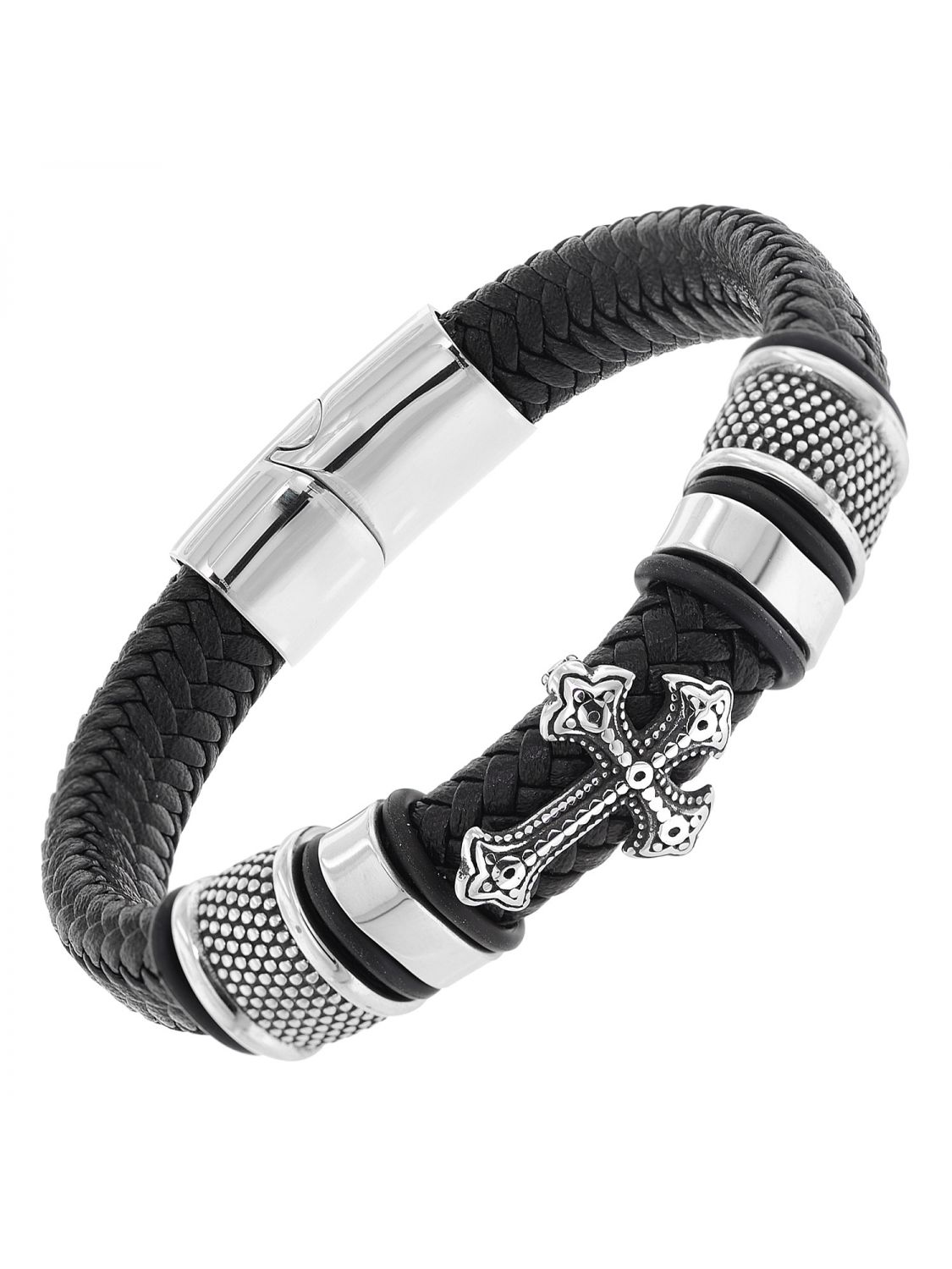 trendor Leder-Armband für Männer Schwarz mit Stahl Kreuz 75878 • uhrcenter