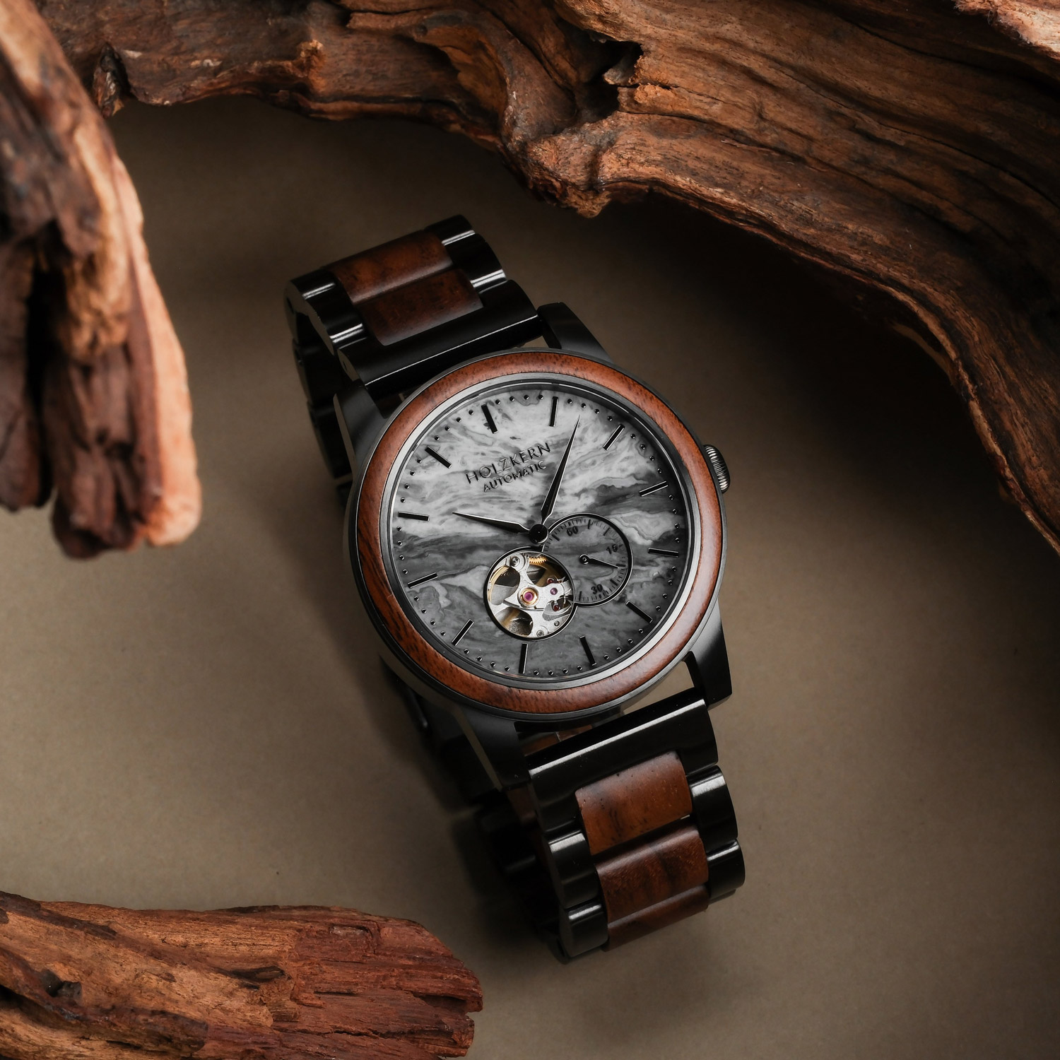 Holzkern Herrenarmbanduhr Automatik Chicago Walnuss/Marmor