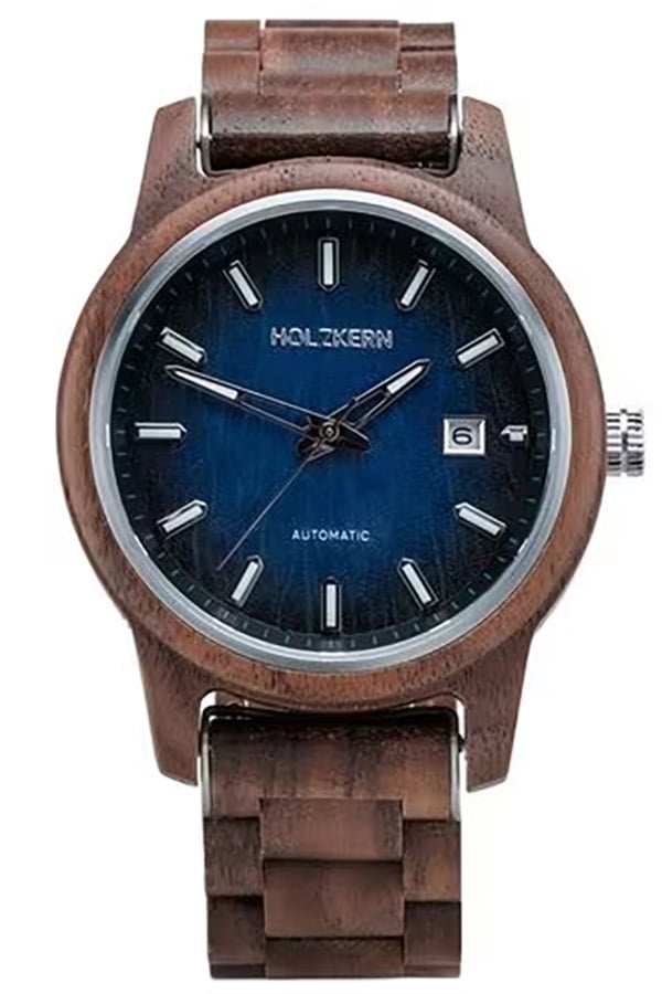 Holzkern Herren-Uhr Automatik Nightbird Walnuss/Blau