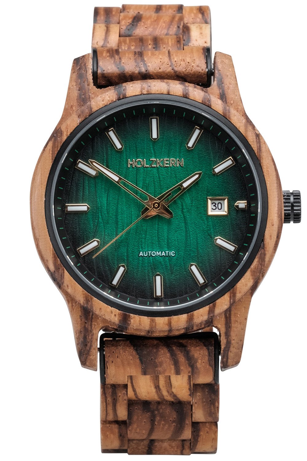Holzkern Herren-Armbanduhr Automatik Nightbird Zebrano/Grün