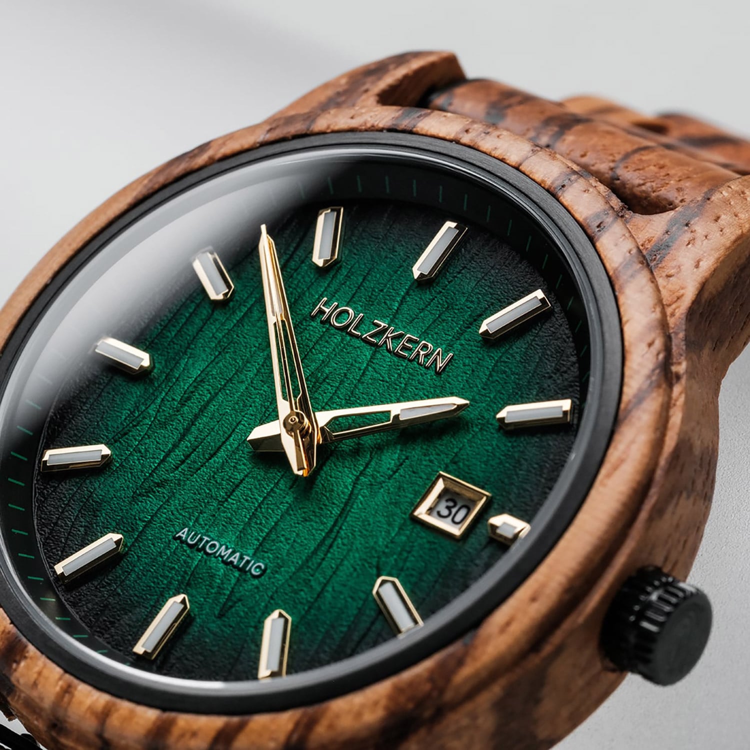 Holzkern Herren-Armbanduhr Automatik Nightbird Zebrano/Grün