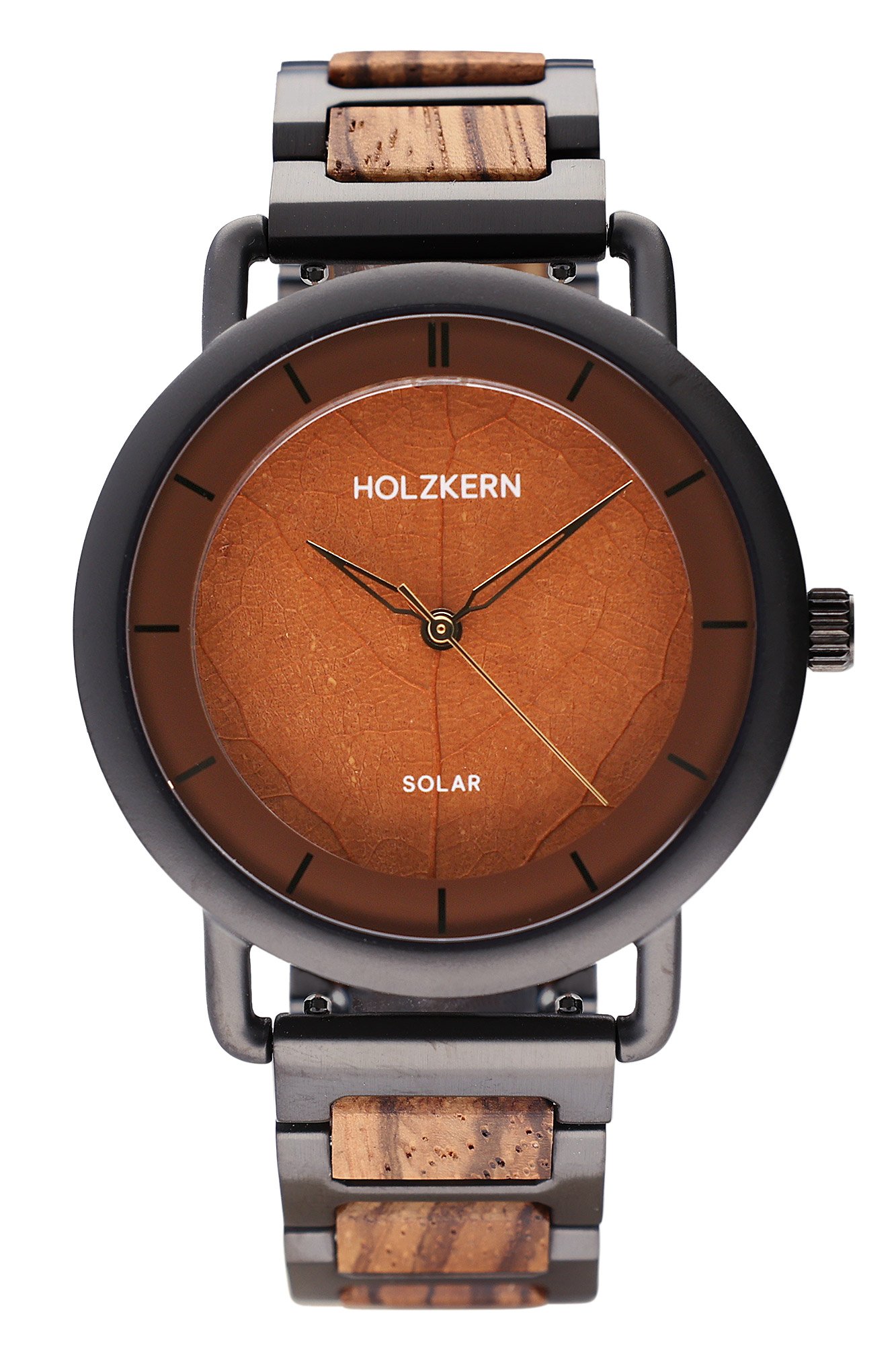 Holzkern Herren-Armbanduhr Solar Lauri Zebrano/Blatt Braun
