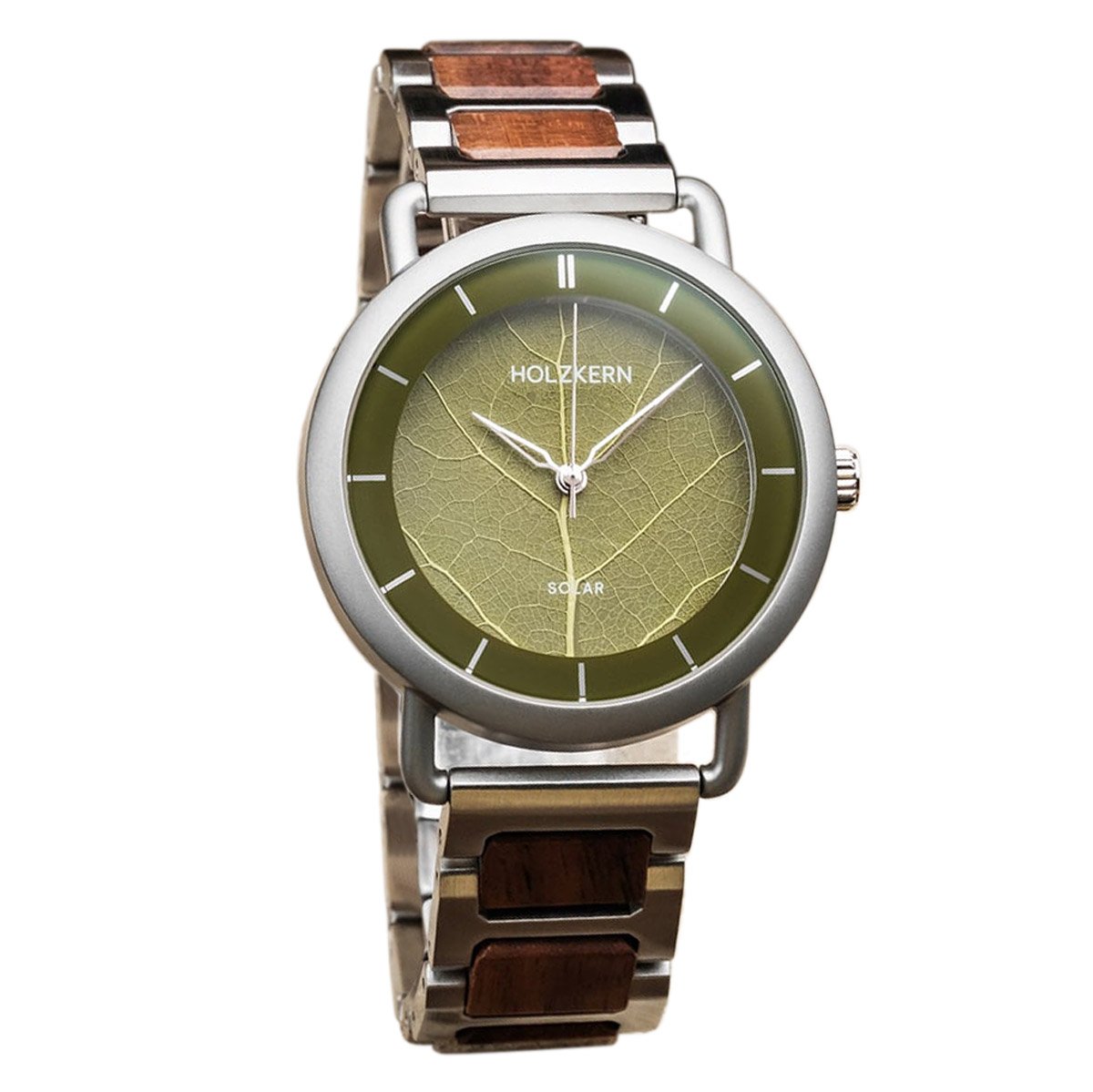 Holzkern Herrenuhr Solar Lauri Walnuss/Blatt Grün