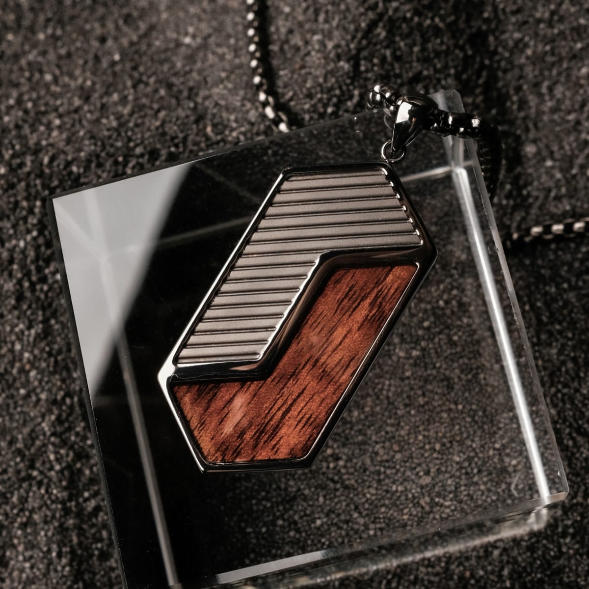 Holzkern Herren-Kette Edelstahl Zigzag Walnuss/Dunkelgrau