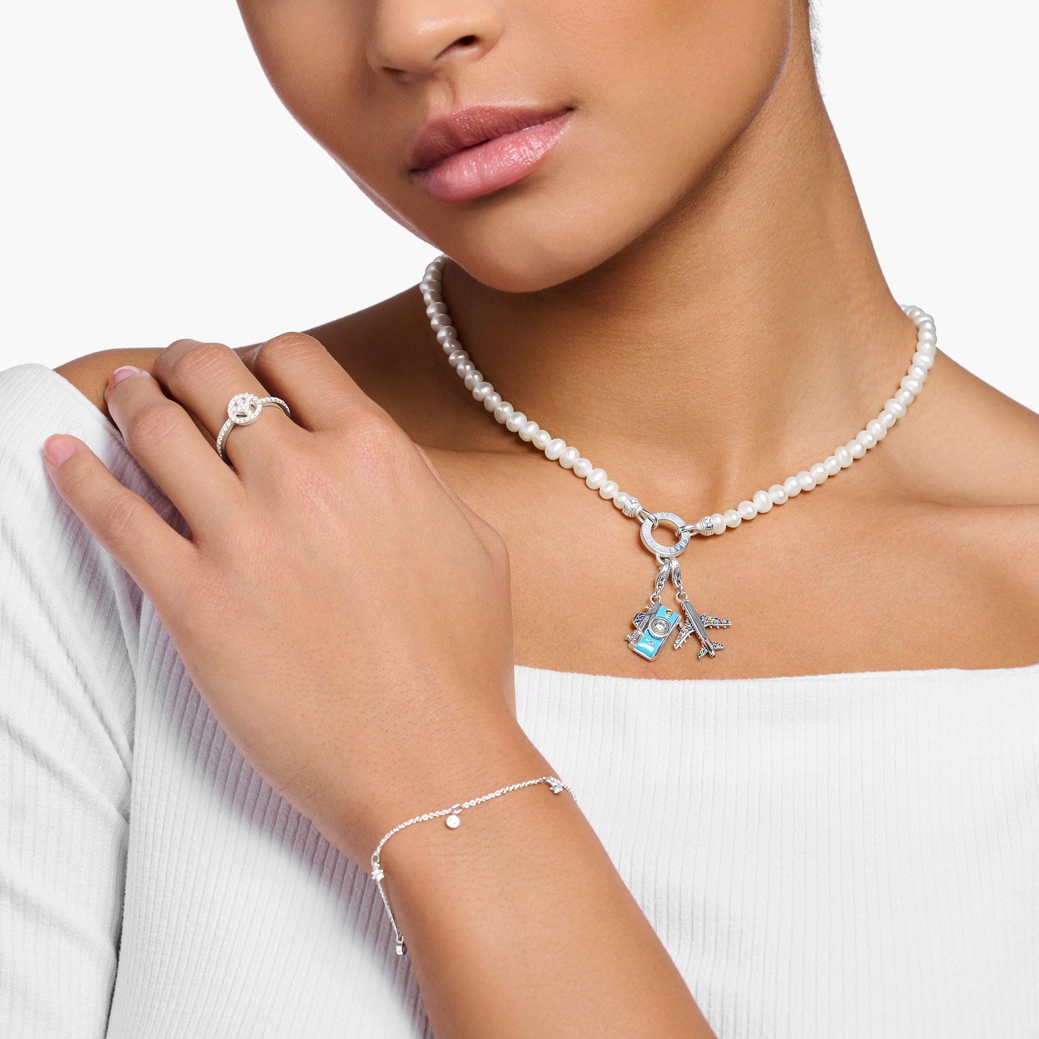 Thomas Sabo Damen-Halskette Charms uhrcenter mit Weißen Perlen • KE2187-167-14-L45v für
