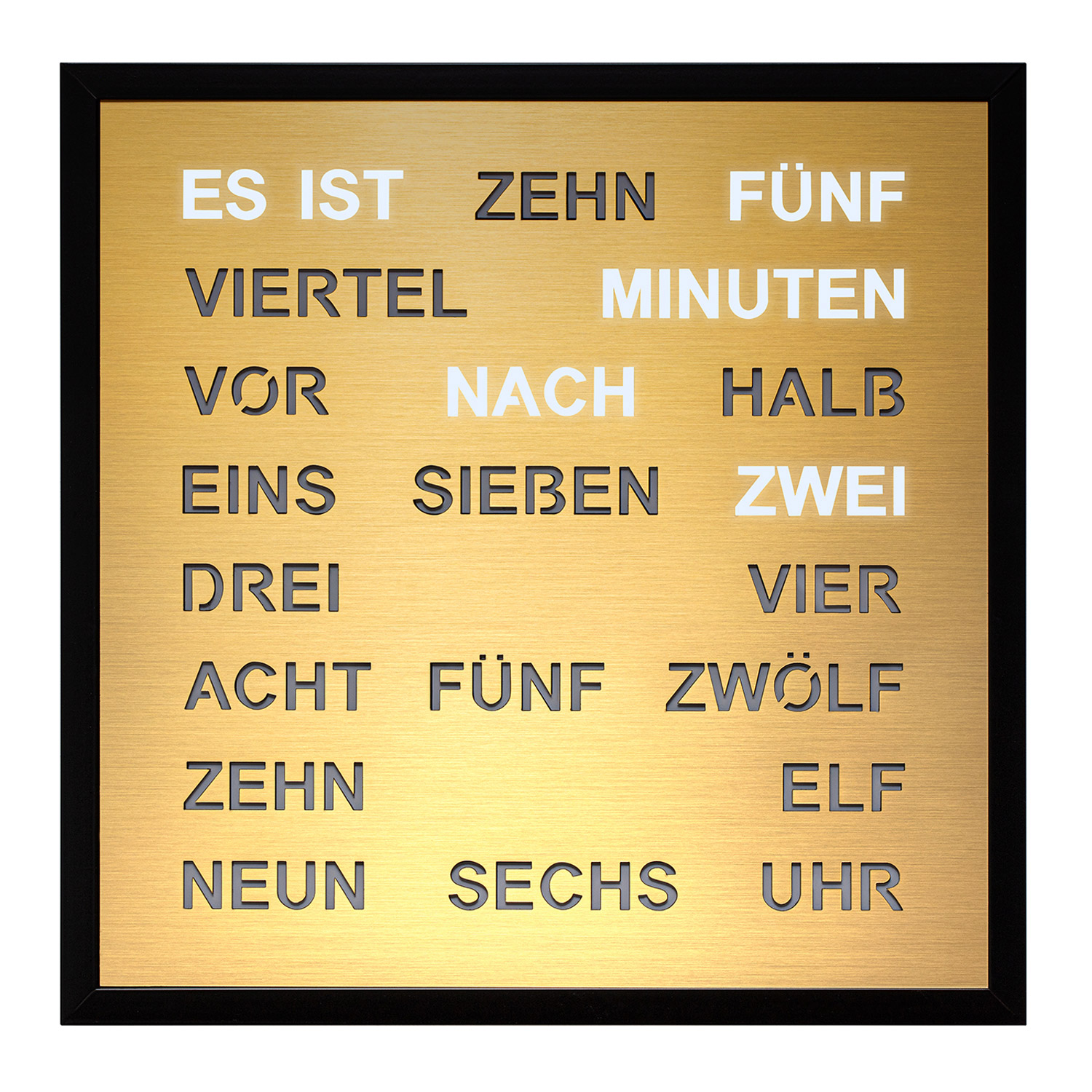 Filius 0402-9 Wort-Wanduhr Quadratische Wortuhr Goldfarben 40 cm