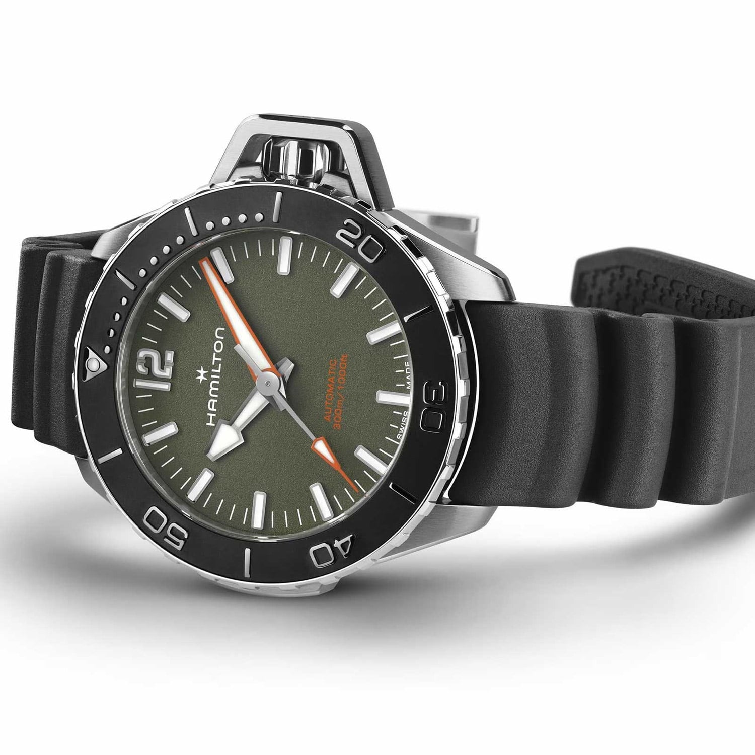 Hamilton Unisex-Taucheruhr Khaki Navy Frogman Schwarz/Grün 41 mm  